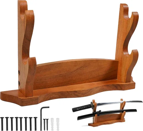 Vista 17 de Mythrojan Soporte de espada medieval de madera maciza horizontal para katana, samurái, gladiador, espadas cruzadas, soporte de mesa elegante, 1 nivel