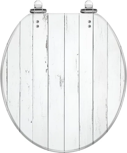 Vista 11 de Asiento de inodoro alargado con textura de tablón de madera blanca envejecida, asiento de inodoro de resina con encanto rústico con bisagras