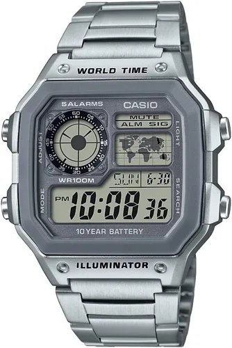 Vista 5 de Casio AE1200WH Series Men’s Digital Watch 100M WR Multi Alarms 100 SEC Stopwatch Countdown Timer World Map for World Time LED Light
