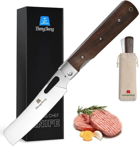 Vista 8 de ZhengSheng Cuchillo de chef plegable 4.8" Ultra afilado con hoja de acero inoxidable 440A, mango de oliva natural, cuchillo de cocina estilo japonés
