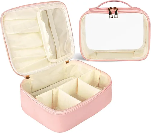 Vista 10 de Bolsa de maquillaje, 2 bolsas de cosméticos de piel sintética, estuche de maquillaje portátil de viaje, organizador de maquillaje grande con bolsa
