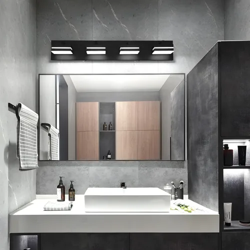 Vista 4 de Joossnwell Luz de Tocador de Baño (4 Luces, 26.77 Pulgadas) Luminarias de Baño Negras Sobre Espejo LED Iluminación Moderna de Tocador Luces de Baño