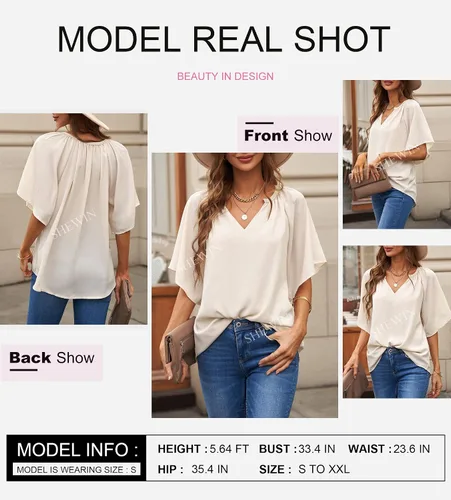 Vista 3 de SHEWIN Blusa casual de gasa con cuello en V para mujer, holgada, manga 34, plisada, holgada
