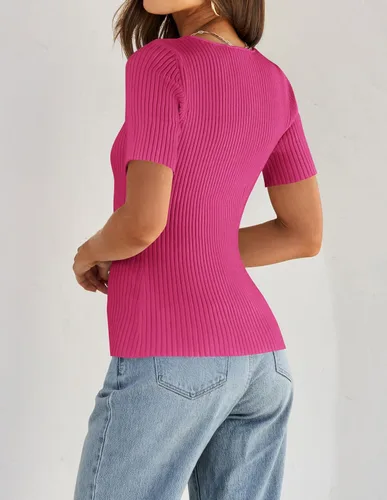 Vista 4 de ZESICA Camisetas de manga corta con cuello cuadrado para mujer, ajustadas, de verano, de punto acanalado, básicas, casuales