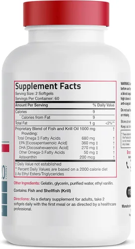 Vista 2 de Bronson Omega-3 Fish + Krill Oil 1000 mg EPA DHA Astaxantina Mezcla Premium – Salud de las articulaciones, cerebro y ojos – Sin OMG, probado