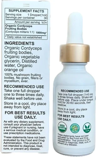Vista 3 de Tintura corporal fructífera de hongos Cordyceps orgánicos de triple extracción Cultivado en Estados Unidos y certificado orgánico Uso