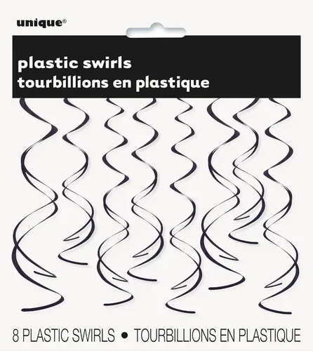 Vista 4 de Decoraciones de remolinos de plástico para colgar, empaque de 8 unidades, de la marca Unique, 26", Negro