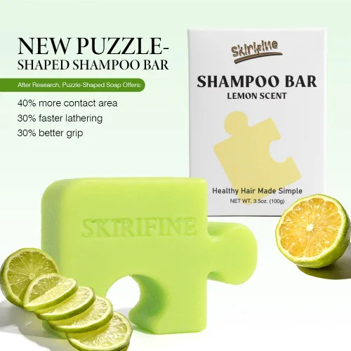 Vista 2 de Barra de champú sólido de limón en forma de rompecabezas, control de aceite y refrescante para cabello normal a graso, aroma crujiente y limpio, sin