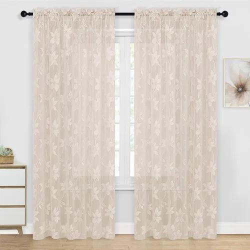 Vista 28 de DWCN Paquete de 2 cortinas traslúcidas pequeñas de encaje floral beige para cocina, cortinas traslúcidas ligeras con bolsillo para barra, cortinas