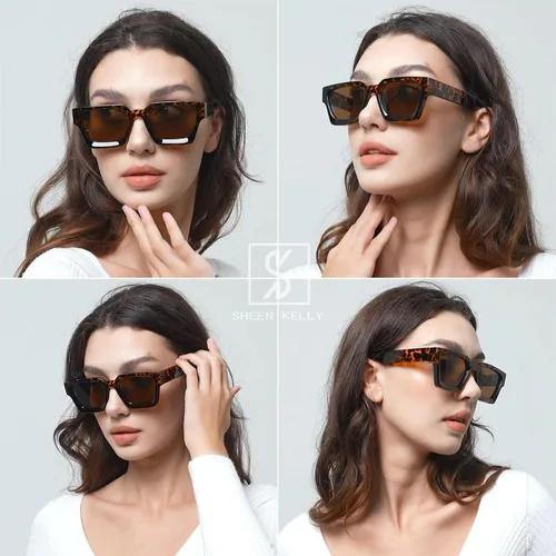 Vista 2 de SHEEN KELLY Gafas de sol rectangulares gruesas retro gruesas para mujeres y hombres, a la moda, cuadrados, negros, montura tipo tortie, gafas