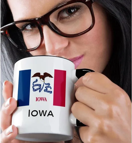 Vista 2 de 3dRose Taza de dos tonos con la bandera del estado de Iowa, 11 onzas, negro/blanco