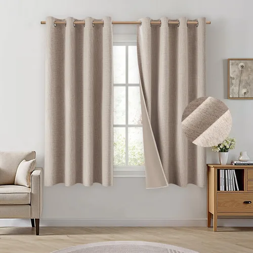 Vista 21 de HOMEIDEAS Cortinas 100% opacas beige de 63 pulgadas de largo, mezcla de lino con textura de oscurecimiento, cortinas con aislamiento térmico