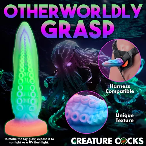 Vista 6 de CREATURE COCKS Tenta-Cock - Consolador que brilla en la oscuridad para hombres, mujeres y parejas. Firme y flexible, base de succión fuerte