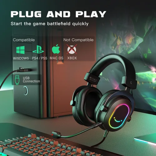 Vista 6 de FIFINE AmplGame H6 - Auriculares para juegos con cable de PC con micrófono, sonido envolvente 7.1, auriculares USB para computadora portátil