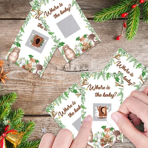 Vista 5 de Juego de rascar para baby shower, 50 tarjetas con el tema ¿Dónde está el bebé? Juegos YoungFun con adorables animales del bosque para revelaciones