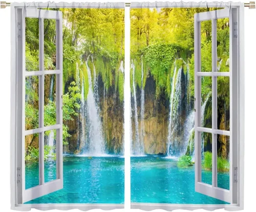 Vista 58 de Cortinas de paisaje, ventana tropical con vista al mar, océano, playa, barco, cortinas con estampado de palmeras para dormitorio, sala de estar, Mar