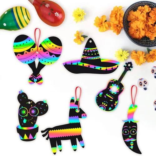 Vista 6 de WATINC Juego de 60 tarjetas de rascar de fiesta mexicana para niños y adultos, decoraciones de fiesta del Cinco de Mayo, kit de manualidades mágicas