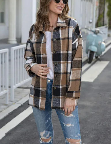 Vista 4 de Yeokou - Chaqueta de franela a cuadros con botones para mujer, para el otoño, bloque
