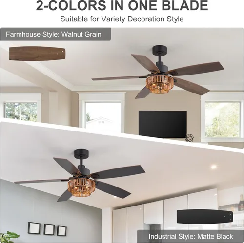 Vista 3 de 52" Farmhouse Ceiling Fans with Lights, Black Ceiling Fan with 6 Wind Speed Remote Control, Dual Finish 5 Blades, Reversible DC Motor, Rattan Caged