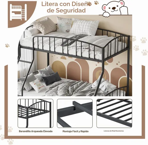 Vista 5 de Garvee - Litera individual sobre matrimonial con escalera y barandilla para niños y adultos Heavy Duty Metal Bunk Bed Frame, Sturdy Steel Slats