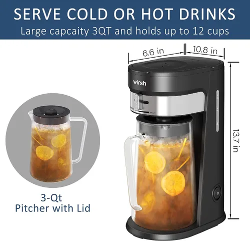 Vista 5 de wirsh Máquina de té helado con jarra de 3QT, cafetera de café helado con control de intensidad y filtro reutilizable, perfecta para café helado Negro