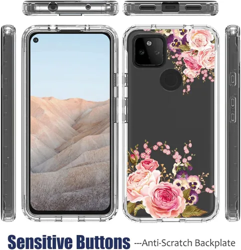 Vista 5 de Funda para Google Pixel 5A 5G con protector de pantalla de vidrio templado, cuerpo completo, lindo diseño floral, a prueba de golpes, funda