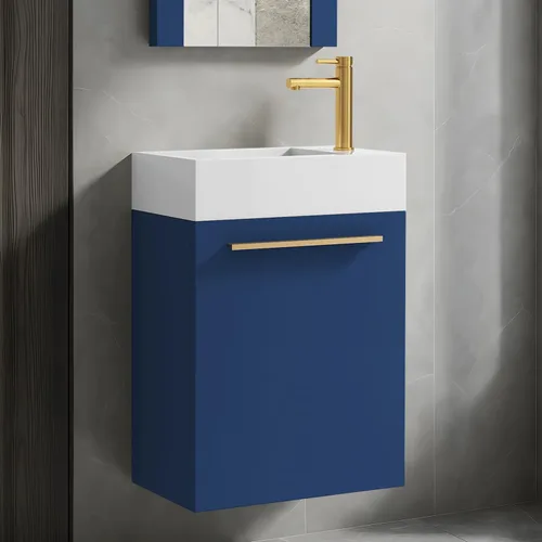 Vista 11 de Blossom Tocador de baño pequeño de 18 pulgadas con fregadero, gabinete flotante de madera maciza, resistente a la humedad, fregadero de profundidad