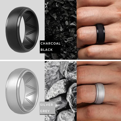 Vista 3 de ThunderFit Silicone Wedding Rings for Men, Breathable Step Edge Rubber Engagement Bands 10mm Wide 2.5mm Thick - 1234567 Variety Multipack