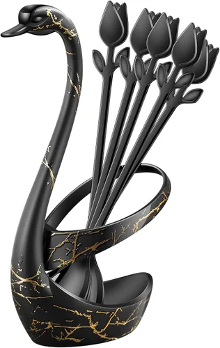 Vista 11 de Juego de 12 mini cucharas de café con mango de tulipán negro/rosa, acero inoxidable de 6 pulgadas para expreso, té, postre, ideal para demitasse