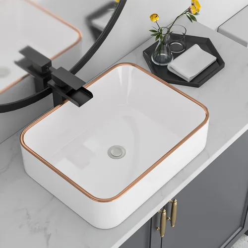 Vista 16 de Lavabo de baño negro de 16 x 12 pulgadas, lavabo de apoyo rectangular para baños, de cerámica, sobre mostrador, lavabo rectangular de baño, lavabo