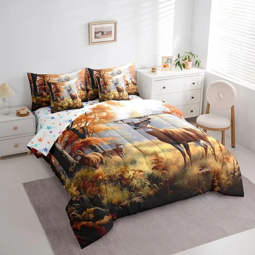 Vista 82 de Feelyou Juego de edredón de ciervo con sábanas – Tamaño Queen 7 piezas Juego de ropa de cama infantil de caza rústica – Cama de ciervo de cabaña