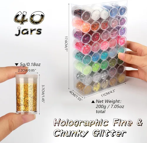 Vista 3 de Brillantina holográfica para manualidades, mezcla gruesa y fina, juego de 40 colores, cosmética para rostro, ojos, cabello, cuerpo, arte de uñas