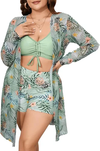 Vista 5 de Floerns Traje de baño de 3 piezas con cordón fruncido para mujer, talla grande, kimono
