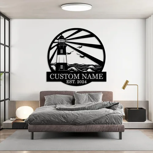 Vista 7 de Letreros de faro de metal personalizados Arte de pared de cabina al aire libre personalizado para playa costera Letrero de apellido Regalo