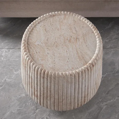 Vista 5 de SSLine Mesa auxiliar moderna de tambor para sala de estar, mesa auxiliar redonda acanalada con forma de tambor de piedra sintética para oficina