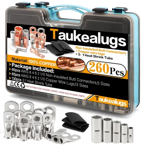 Vista 12 de 48 piezas de conectores de terminal de batería, extremos de cable, lengüetas de anillo de alambre de cobre con tubo termorretráctil de calibre AWG