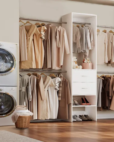 Vista 5 de Sistema de Closet con Cajón, Sistema de Organizadores de Closet de 5-8 Pies con 5 Barras Colgantes Ajustables y Estante para Zapatos, Organizadores