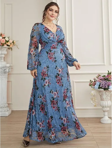 Vista 5 de TOLEEN Vestido de talla grande para mujer cuello en V bordado rosa elegante formal con malla