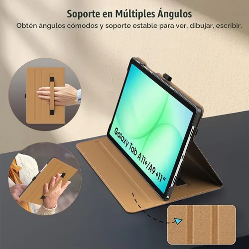 Vista 4 de MoKo Funda para Samsung Galaxy Tab A11+ /A9+ Plus de 11 pulgadas, azul mezclilla y marrón PU Leather Case for Samsung Tablet (2026/2024) with Hand