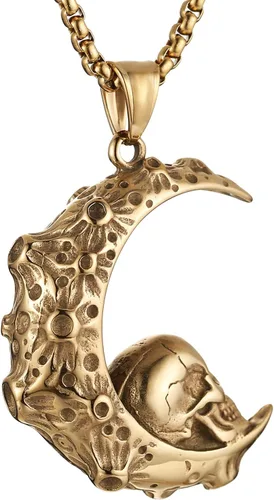 Vista 6 de HZMAN Collar con colgante de acero inoxidable con diseño gótico retro de luna creciente y cráneo, cadena de 22+2 pulgadas