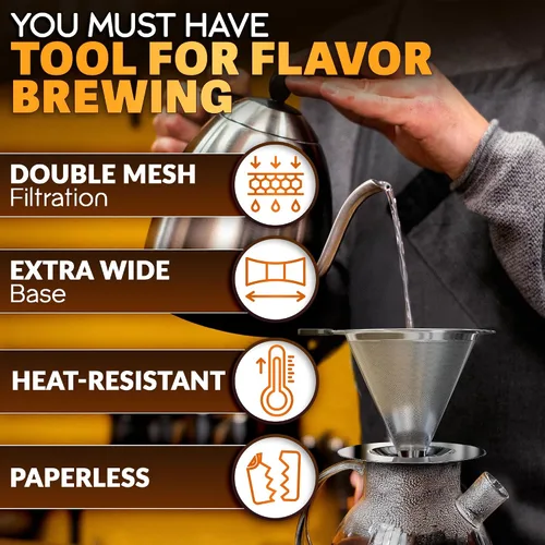 Vista 3 de Cafetera de acero inoxidable con cepillo de limpieza y mango de silicona antideslizante, capacidad para 2 tazas, malla 600 de malla de acero