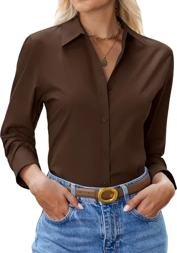 Vista 22 de siliteelon Camisa con botones para mujer: camisa de vestir con cuello de manga larga de algodón con botones, blusa de trabajo y oficina