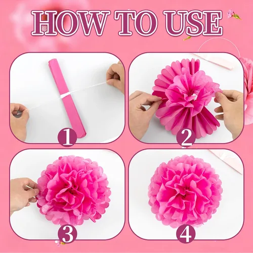 Vista 3 de Pompones de Papel de Flores Rosa Intenso Decoraciones Colgantes Bola de Flores Rosas para el Día de la Madre Baby Shower Boda Guardería Fiesta