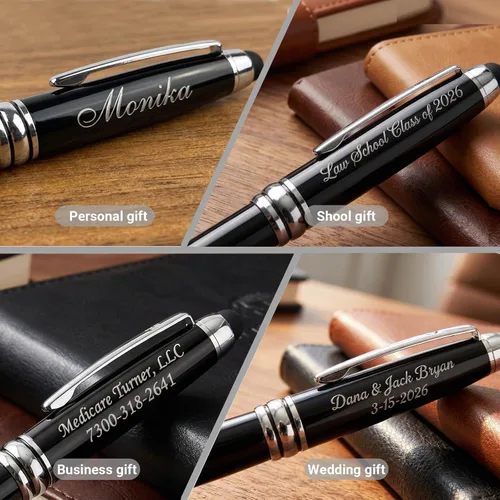 Vista 3 de Ancolo Bolígrafos personalizados con lápiz digital - Cuerpo metálico grabado con su mensaje, nombre/número de teléfono, tinta negra. Ideal