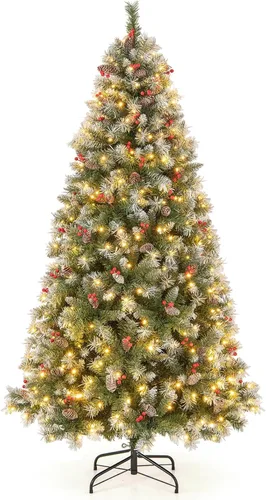 Vista 15 de Goplus Árbol de Navidad de Lápiz Preiluminado de 4.5 pies, Abeto con Bisagras de Alta Calidad, con Luces LED Blancas Cálidas y Soporte de Metal Verde