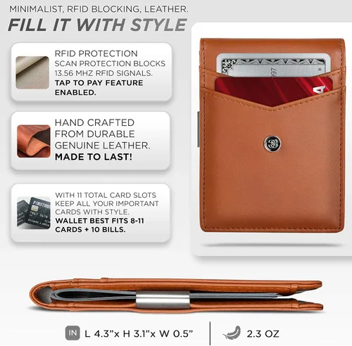 Vista 5 de Suavell Billeteras delgadas de cuero para hombres. Cartera con clip para dinero. Cartera de perfil bajo RFID Cartera minimalista