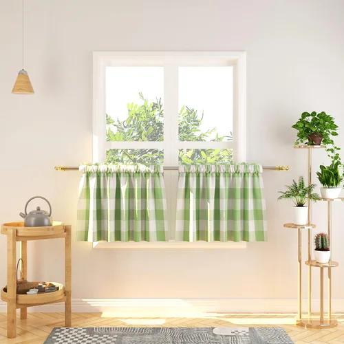 Vista 167 de Cenefas de cortina para ventana de 16 pulgadas de largo, 2 paneles de cuadros búfalo, cortinas pequeñas con bolsillo para barra, estilo clásico