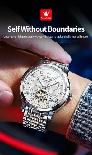 Vista 2 de OLEVS Relojes Automáticos para Hombre, Diseño Esqueleto Dorado, Tourbillon, Automático, Mecánico, Acero Inoxidable, Impermeable, Reloj de Pulsera