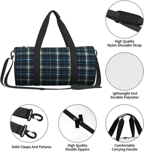 Vista 4 de Large Duffle Bag for Travel - Green Black Retro Plaid Print Gym Bag for Women Men, Travel Foldable Bags for Women Men with Zippered Multiple Pockets