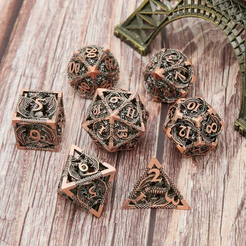 Vista 5 de Juego de dados de metal hueco poliédrico dragón volador 2 juegos para Calabozos y Dragones RPG MTG Juegos de mesa D&D Pathfinder Shadowrun